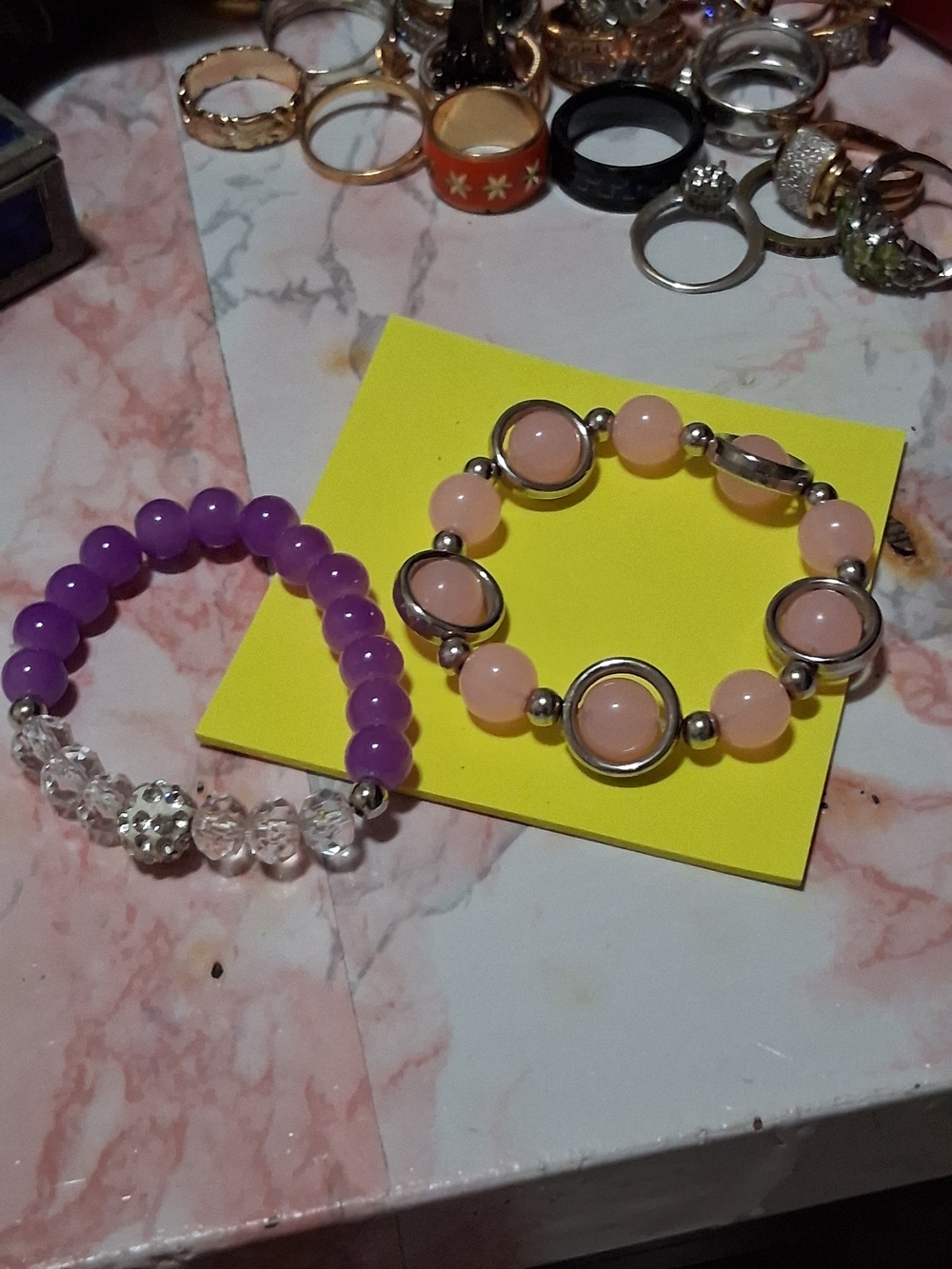 Pink Beaded Stretch Bracelet with Silver Accents - Women Jewelry